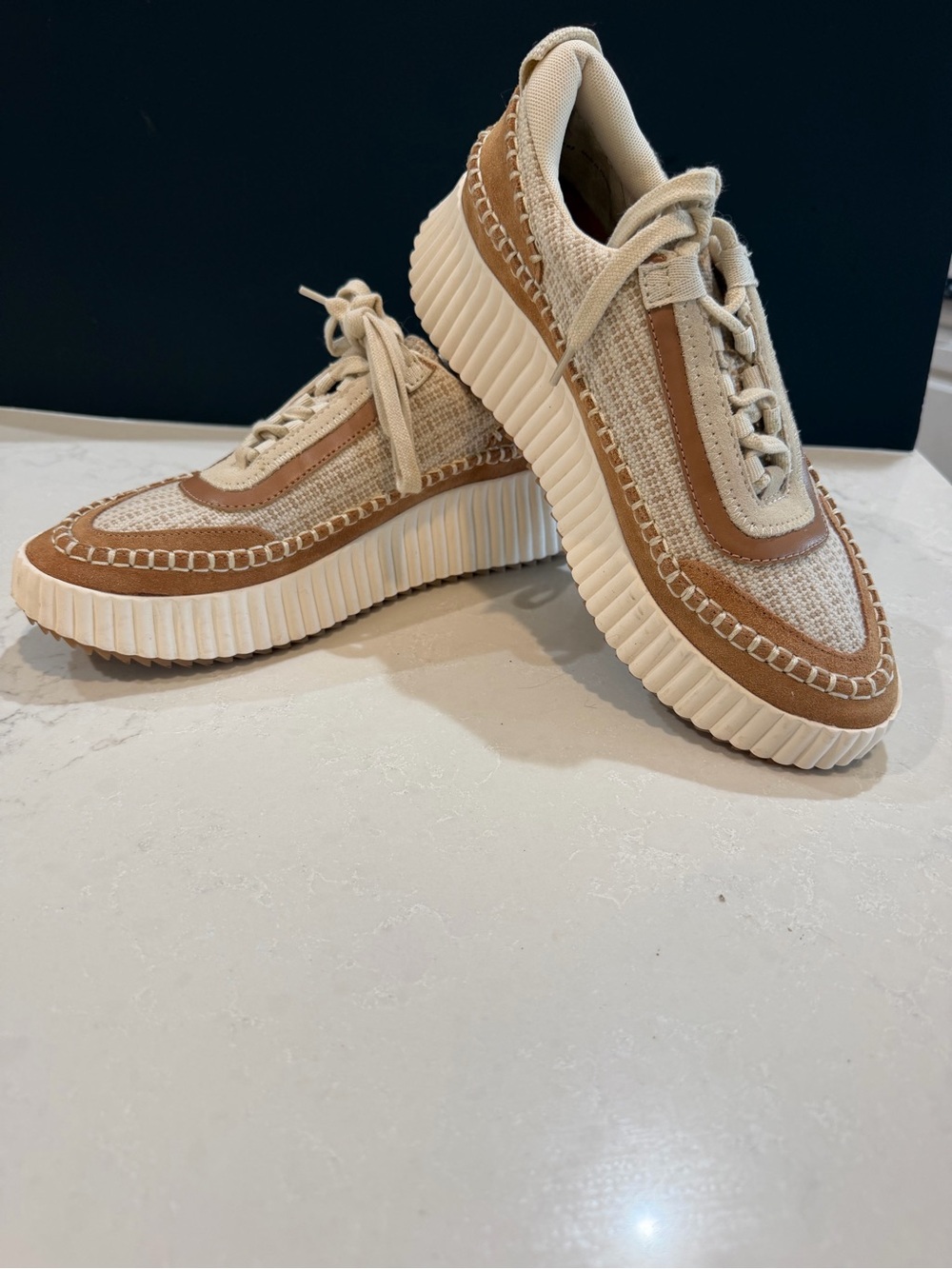 Dolce Vita Dolen Cream and Brown Platform Lace-Up Sneakers